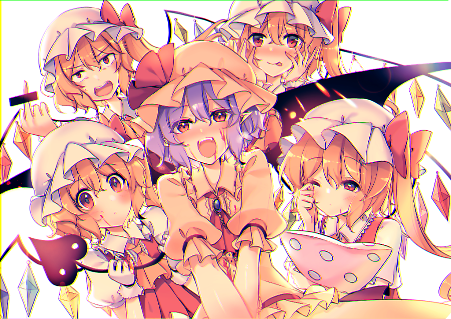 5girls :p ascot bangs bar_censor bat_wings blonde_hair blood blood_on_face blush bow brooch censored commentary crystal dress eyebrows_visible_through_hair fangs flandre_scarlet four_of_a_kind_(touhou) frilled_shirt_collar frills gloves hair_between_eyes hand_up hands_up hat hat_bow hat_ribbon holding holding_pillow jewelry kirero laevatein lavender_hair long_hair middle_finger mob_cap multiple_girls multiple_persona nose_blush one_eye_closed one_side_up open_mouth pillow pink_dress pink_headwear pointless_censoring pointy_ears polka_dot puffy_short_sleeves puffy_sleeves red_bow red_eyes red_neckwear red_ribbon red_vest remilia_scarlet ribbon rubbing_eyes shirt short_hair short_sleeves siblings simple_background sisters smile tongue tongue_out touhou upper_body vest white_background white_gloves white_headwear white_shirt wings wrist_cuffs yellow_neckwear