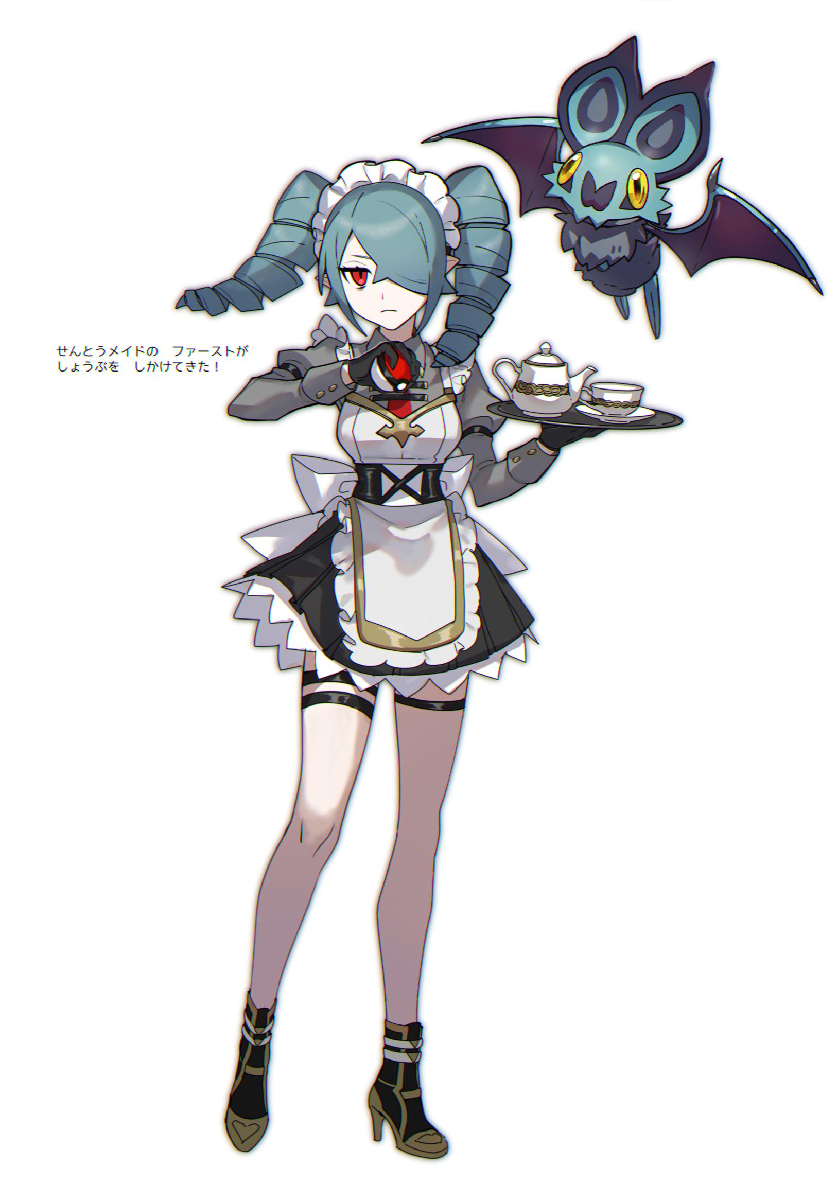 ankle_boots apron bags_under_eyes blue_hair boots commentary_request cup drill_hair gloves hair_over_one_eye high_heel_boots high_heels highres loalo maid maid_apron maid_dress maid_headdress noibat original pale_skin pointy_ears poke_ball pokemon pokemon_(creature) red_eyes teacup teapot thigh_strap tray twin_drills white_background