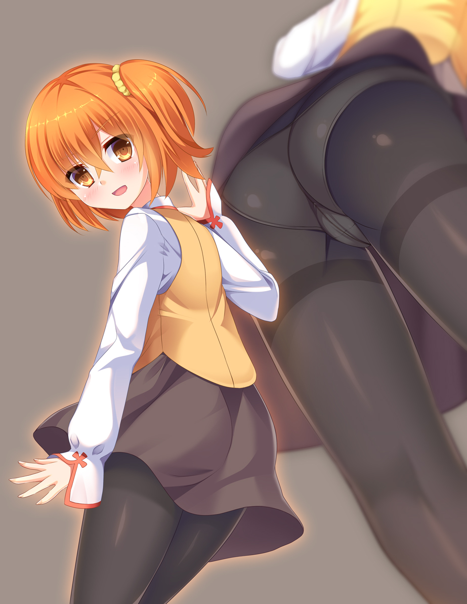 1girl :d ass bangs black_legwear blush brown_background brown_eyes brown_hair brown_skirt brown_vest commentary_request eyebrows_visible_through_hair fate/grand_order fate_(series) fujimaru_ritsuka_(female) hair_between_eyes hair_ornament hair_scrunchie hand_up homurahara_academy_uniform long_sleeves multiple_views one_side_up open_mouth panties panties_under_pantyhose pantyhose school_uniform scrunchie shirt simple_background skirt sleeves_past_wrists smile thighband_pantyhose umitonakai underwear vest white_shirt yellow_scrunchie