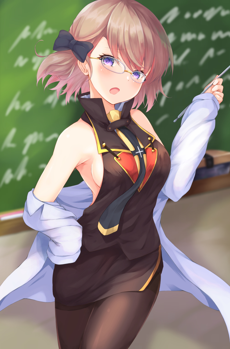 1girl :o armpits azur_lane bare_shoulders black_bow black_neckwear black_shirt black_skirt blurry blurry_background blush bow breasts brown_hair brown_legwear chalkboard coat commentary cowboy_shot cursive depth_of_field eraser glasses hair_bow hand_up highres holding kurai_masaru long_sleeves looking_at_viewer medium_breasts miniskirt necktie off_shoulder open_clothes open_coat open_mouth pantyhose pencil_skirt shirt short_hair sideboob skirt sleeveless sleeveless_shirt solo standing violet_eyes white_coat wing_collar z23_(azur_lane)