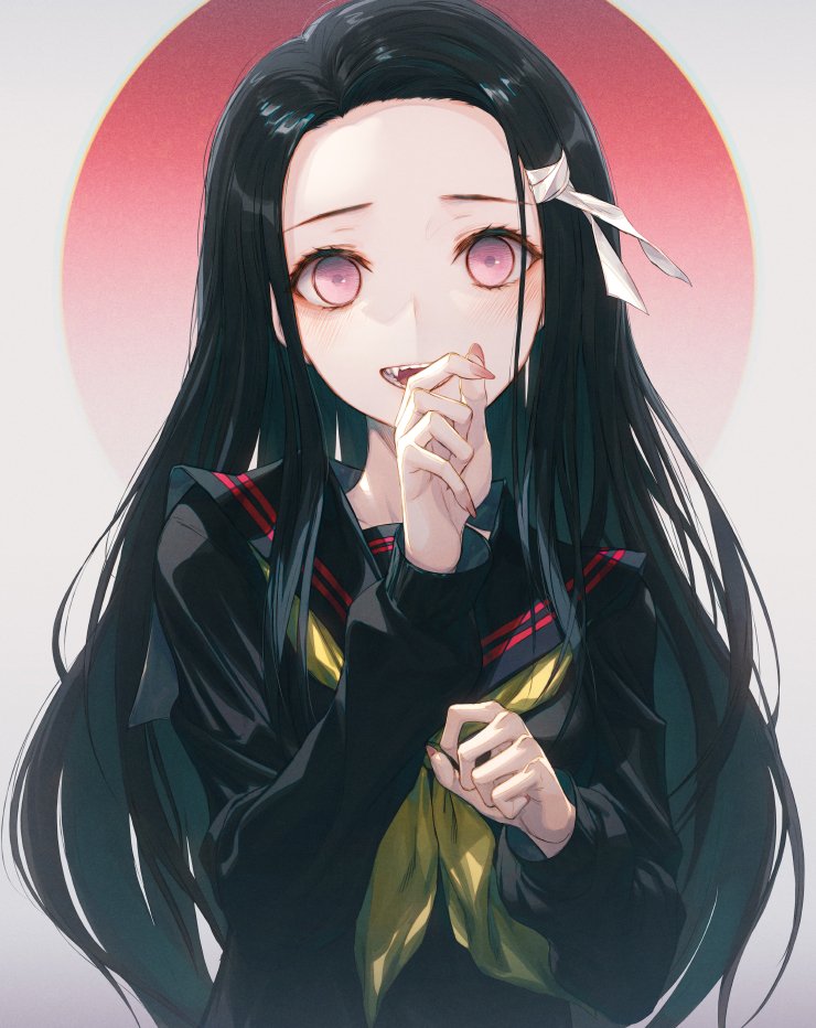 1girl black_hair black_sailor_collar black_serafuku blush circle commentary_request fangs fingernails forehead hair_ribbon hand_up kamado_nezuko kimetsu_no_yaiba korean_commentary long_hair long_sleeves looking_at_viewer neckerchief open_mouth partial_commentary pink_eyes ribbon sailor_collar school_uniform serafuku sharp_fingernails simple_background solo upper_body wanke yellow_neckwear