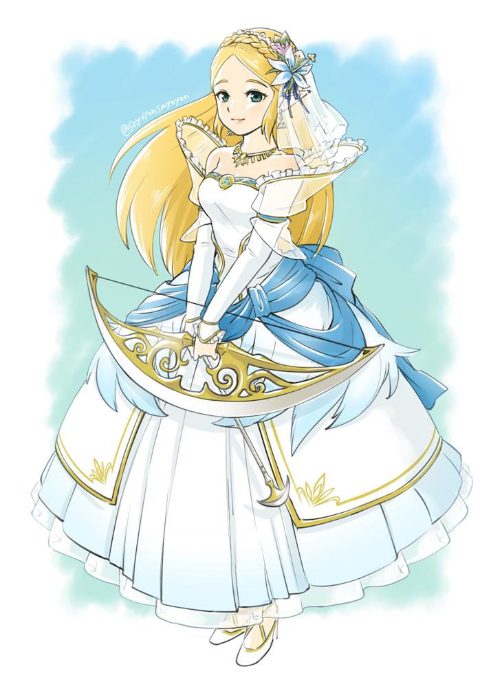 1girl bare_shoulders blonde_hair bow_(weapon) bridal_veil bride dress earrings elbow_gloves fire_emblem fire_emblem_heroes flower formal gloves green_eyes hair_flower hair_ornament jewelry long_hair looking_at_viewer necklace pointy_ears princess_zelda sayoyonsayoyo solo strapless strapless_dress the_legend_of_zelda the_legend_of_zelda:_breath_of_the_wild tiara veil weapon wedding_dress white_dress white_flower white_gloves