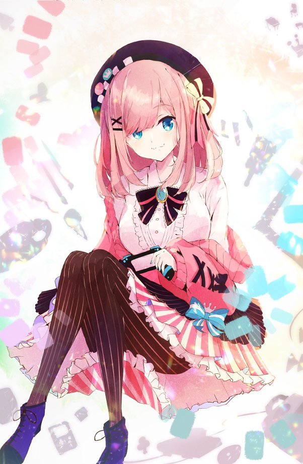1girl :3 black_bow blue_bow blue_eyes bow bowtie brown_hair brown_legwear closed_mouth commentary controller eyebrows_visible_through_hair frilled_skirt frills full_body hair_between_eyes hair_bow holding_controller long_sleeves looking_at_viewer nekopote nijisanji pink_cardigan pink_skirt purple_footwear shirt shoes sitting skirt solo striped striped_legwear suzuhara_lulu vertical-striped_legwear vertical-striped_skirt vertical_stripes virtual_youtuber white_shirt