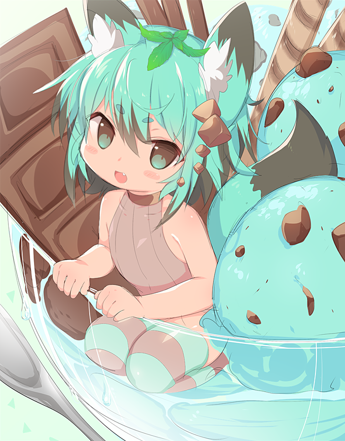 1girl :d animal_ears bangs bare_arms bare_shoulders black_hair blush_stickers brown_leotard chocolate chocolate_bar chocolate_mint_ice_cream commentary_request cup eyebrows_visible_through_hair fang food green_eyes green_hair hair_between_eyes hair_ornament ice_cream in_container in_cup in_food leotard looking_at_viewer minigirl mofuaki multicolored_hair open_mouth original personification ribbed_leotard seiza short_eyebrows sitting smile solo striped striped_legwear tail thick_eyebrows thigh-highs two-tone_hair wafer_stick