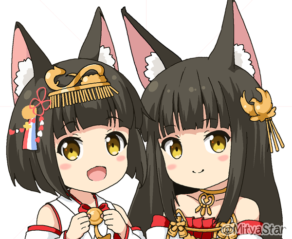 2girls :d animal_ear_fluff animal_ears azur_lane bangs bare_shoulders black_hair blush_stickers brown_eyes closed_mouth collarbone commentary_request detached_sleeves dress eyebrows_visible_through_hair fox_ears hands_up headpiece japanese_clothes kimono long_hair long_sleeves miicha multiple_girls mutsu_(azur_lane) nagato_(azur_lane) open_mouth pleated_dress red_dress simple_background sleeveless sleeveless_kimono smile strapless strapless_dress twitter_username upper_body white_background white_dress white_sleeves