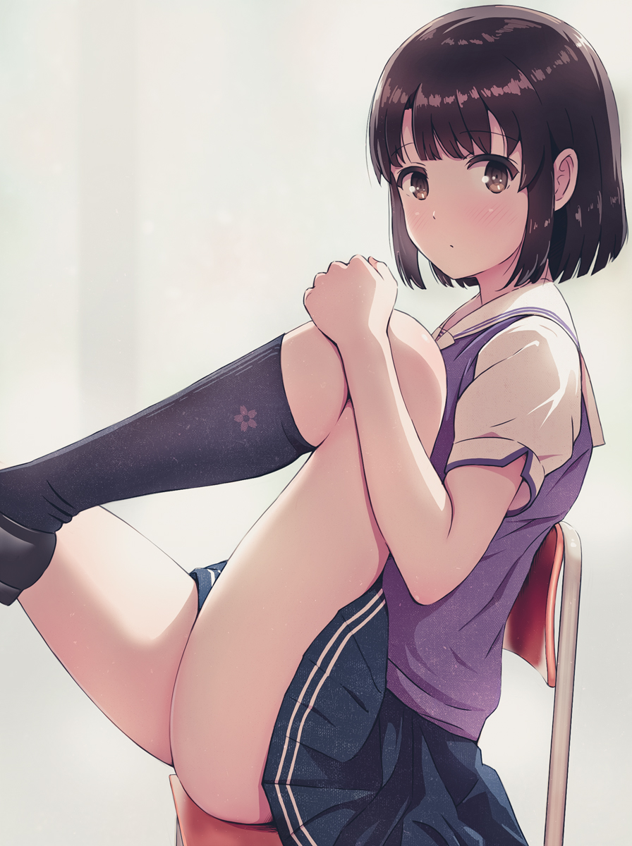 1girl asou_(asabu202) blush brown_eyes brown_hair chair highres katou_megumi knee_to_chest kneehighs loafers looking_at_viewer saenai_heroine_no_sodatekata school_chair school_uniform shoes short_hair skirt solo thighs white_background