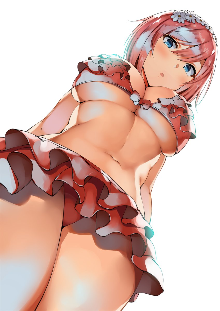 1girl arms_behind_back bangs bare_shoulders bikini blue_eyes blush braid breasts commentary_request daiba_canon eyebrows_visible_through_hair flower frilled_bikini frills god_eater groin hair_flower hair_ornament highres large_breasts lolicept looking_at_viewer navel open_mouth pink_hair red_bikini short_hair simple_background solo stomach swimsuit thighs white_background
