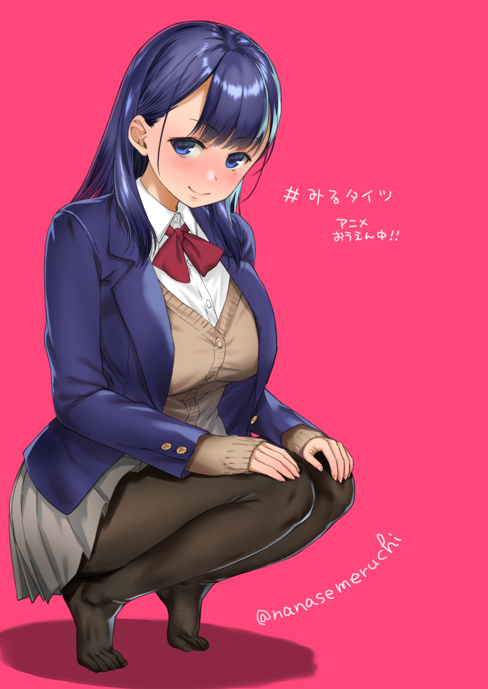 1girl black_legwear blazer blue_eyes blue_hair blue_jacket breasts brown_sweater closed_mouth collared_shirt eyebrows_visible_through_hair full_body grey_skirt hands_on_own_knees jacket large_breasts long_hair long_sleeves looking_at_viewer miru_tights mole mole_under_eye nakabeni_yua nanase_meruchi no_shoes open_clothes open_jacket pantyhose pink_background pleated_skirt red_neckwear school_uniform shiny shiny_hair shirt simple_background skirt sleeves_past_wrists smile solo squatting straight_hair sweater tiptoes translated twitter_username unbuttoned white_shirt