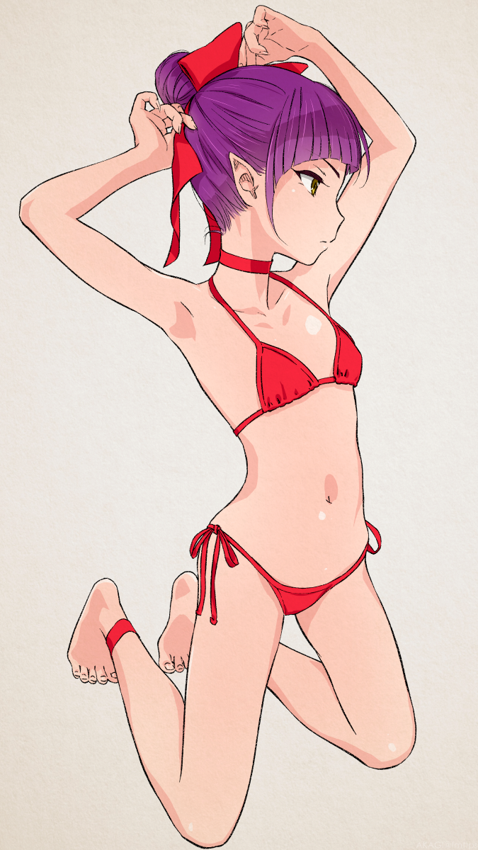 1girl akagi_(fmttps) ankle_ribbon armpits arms_up bangs bare_shoulders bikini blush bow choker collarbone full_body gegege_no_kitarou hair_bow halter_top halterneck highres kneeling navel nekomusume nekomusume_(gegege_no_kitarou_6) pointy_ears purple_hair red_bikini red_bow red_choker red_ribbon ribbon short_hair side-tie_bikini simple_background solo swimsuit yellow_eyes