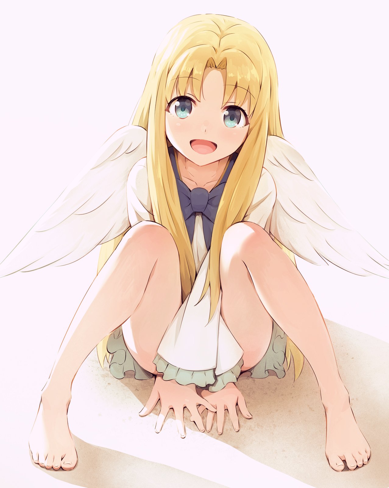 1girl :d asou_(asabu202) bangs bare_legs barefoot between_legs blonde_hair blue_neckwear bow bowtie commentary_request dress eyebrows_visible_through_hair feathered_wings feet firo_(tate_no_yuusha_no_nariagari) frilled_sleeves frills hand_between_legs highres long_hair long_sleeves looking_at_viewer open_mouth sitting smile solo tate_no_yuusha_no_nariagari very_long_hair white_dress white_wings wings