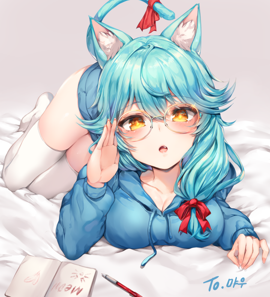 1girl adjusting_eyewear animal_ear_fluff animal_ears bad_anatomy bangs blue_hair blue_hoodie blush book breasts cat_ears cat_girl cat_tail eyebrows_visible_through_hair glasses glint hair_between_eyes hair_ribbon hood hoodie long_hair looking_at_viewer lying on_stomach open_mouth original painteen red_ribbon ribbon sidelocks skindentation solo tail thigh-highs white_legwear yellow_eyes