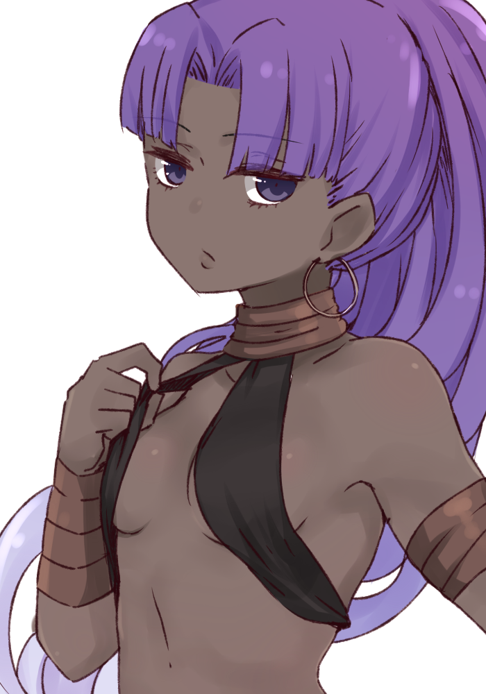 1girl assassin_(fate/zero) bangs bare_shoulders breasts closed_mouth collarbone dark_skin earrings eyebrows_visible_through_hair fate/zero fate_(series) female_assassin_(fate/zero) hoop_earrings i.u.y jewelry lifted_by_self long_hair parted_bangs ponytail purple_hair simple_background small_breasts solo upper_body very_long_hair violet_eyes white_background