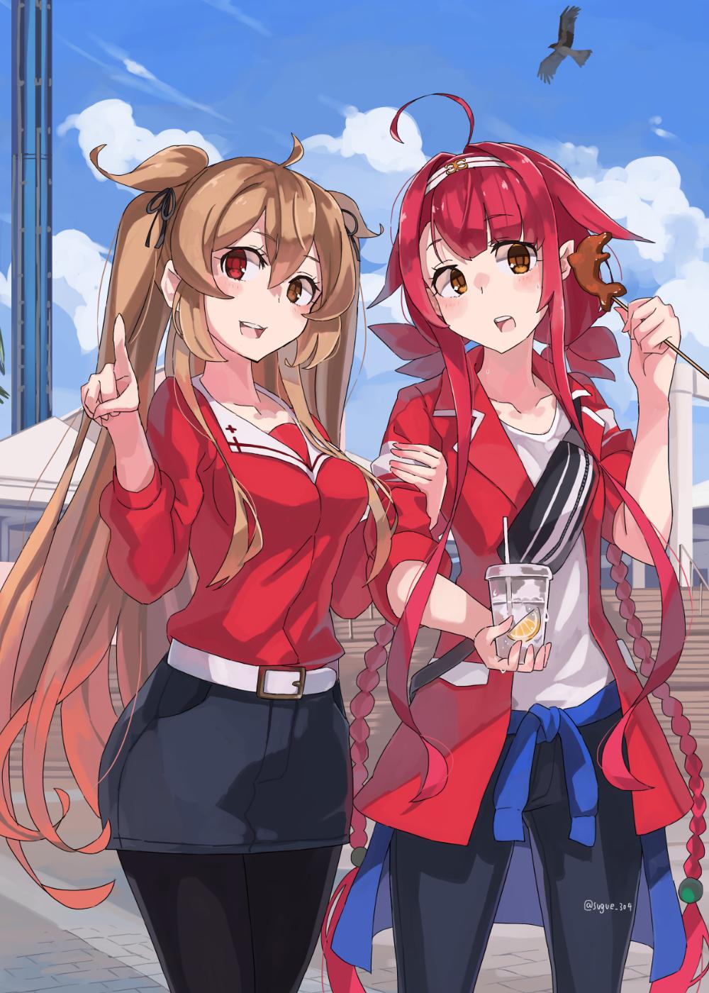 2girls ahoge alternate_costume asymmetrical_bangs bangs belt bird black_legwear black_pants black_skirt blazer blue_eyes blue_jacket blue_sky braid buckle clothes_around_waist clouds cowboy_shot cup day disposable_cup drink food fruit hair_flaps hair_ribbon hairband hawk highres jacket jacket_around_waist kantai_collection kawakaze_(kantai_collection) lemon lemon_slice long_hair low_twintails multiple_girls murasame_(kantai_collection) open_mouth outdoors pants pantyhose pencil_skirt pointing pointy_ears red_jacket red_shirt redhead remodel_(kantai_collection) ribbon shirt sidelocks skirt sky smile stairs sugue_tettou twin_braids twintails twitter_username upper_teeth very_long_hair white_belt