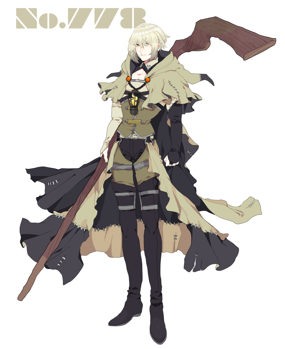 black_footwear boots bridal_gauntlets capelet clenched_hand full_body highres holding holding_staff mimikyu personification pokemon shioya_(soooooolt) simple_background staff standing stitches thigh-highs thigh_boots white_background white_hair