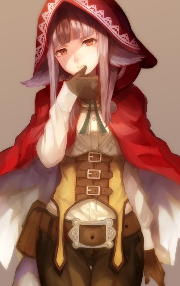 1girl animal_ears belt belt_pouch black_hair brown_gloves closed_mouth commentary_request fire_emblem fire_emblem_if gloves grey_background grey_hair hood hood_up jurge long_sleeves multicolored_hair pouch simple_background solo streaked_hair velour_(fire_emblem_if) wolf_ears