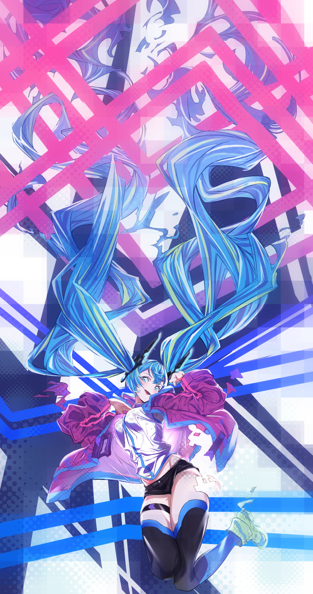 1girl :d absurdly_long_hair aqua_eyes aqua_hair bangs black_legwear black_shorts blush breasts commentary detached_sleeves digital_dissolve disintegration floating_hair green_hair hair_between_eyes hands_up hatsune_miku highres jacket jumping long_hair looking_at_viewer multicolored_hair open_clothes open_jacket open_mouth purple_jacket shirt shoes short_shorts shorts sidelocks sieru smile sneakers solo thigh-highs thigh_strap twintails very_long_hair vocaloid white_shirt wind