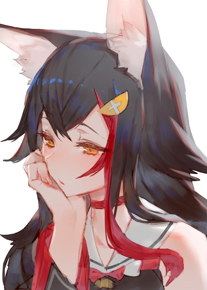 1girl animal_ear_fluff animal_ears bare_shoulders black_hair blush choker collarbone commentary detached_sleeves face hair_ornament hairclip head_on_hand hololive izumi_sai long_hair nose_blush ookami_mio parted_lips portrait red_choker redhead simple_background sketch solo virtual_youtuber white_background wolf_ears yellow_eyes