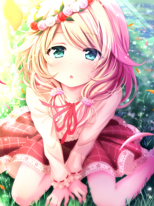 1girl :o ayase_midori bangs blonde_hair blue_eyes blush brown_shirt center_frills collarbone commentary_request day eyebrows_visible_through_hair flower flower_wreath frills grass hair_between_eyes hair_over_shoulder head_wreath idolmaster idolmaster_cinderella_girls long_hair long_sleeves low_twintails neck_ribbon on_grass outdoors parted_lips pink_flower pink_rose red_flower red_ribbon red_rose red_skirt ribbon ribbon-trimmed_sleeves ribbon_trim rose shirt skirt solo sunlight twintails white_flower white_rose yusa_kozue