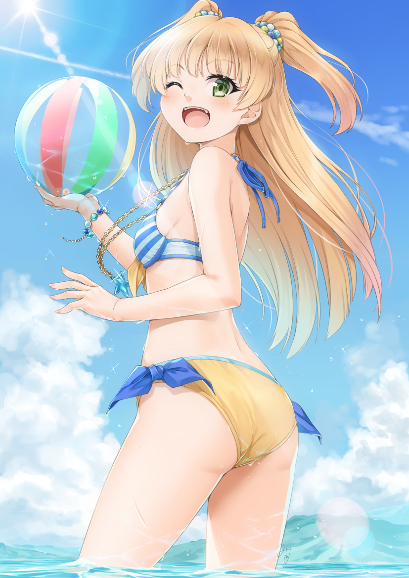 1girl ;d ass ball bangs bare_arms bare_shoulders beachball bikini blonde_hair blue_bikini_top blue_ribbon blue_sky blush bracelet breasts clouds commentary_request day eyebrows_visible_through_hair from_side glint green_eyes holding holding_ball idolmaster idolmaster_cinderella_girls jewelry jougasaki_rika lake lens_flare long_hair looking_at_viewer looking_to_the_side miri_(ago550421) mismatched_bikini mountainous_horizon necklace one_eye_closed open_mouth outdoors ribbon side-tie_bikini signature sky small_breasts smile solo star striped_bikini_top swimsuit tareme two_side_up upper_teeth wading water water_drop yellow_bikini_bottom