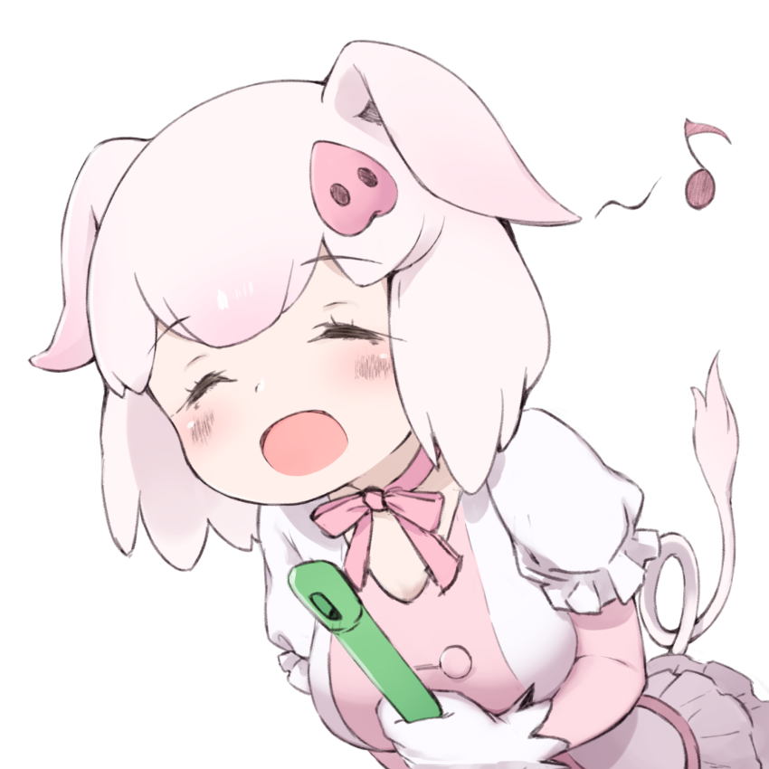 1girl :d ^_^ animal_ears blush broom choker closed_eyes commentary elbow_gloves eyebrows_visible_through_hair frilled_skirt frills gloves kemono_friends musical_note note_(suzu_note000) open_mouth pig_(kemono_friends) pig_ears pig_nose pig_tail pink_hair puffy_short_sleeves puffy_sleeves short_hair short_sleeves skirt smile solo spoken_musical_note tail white_gloves white_hair