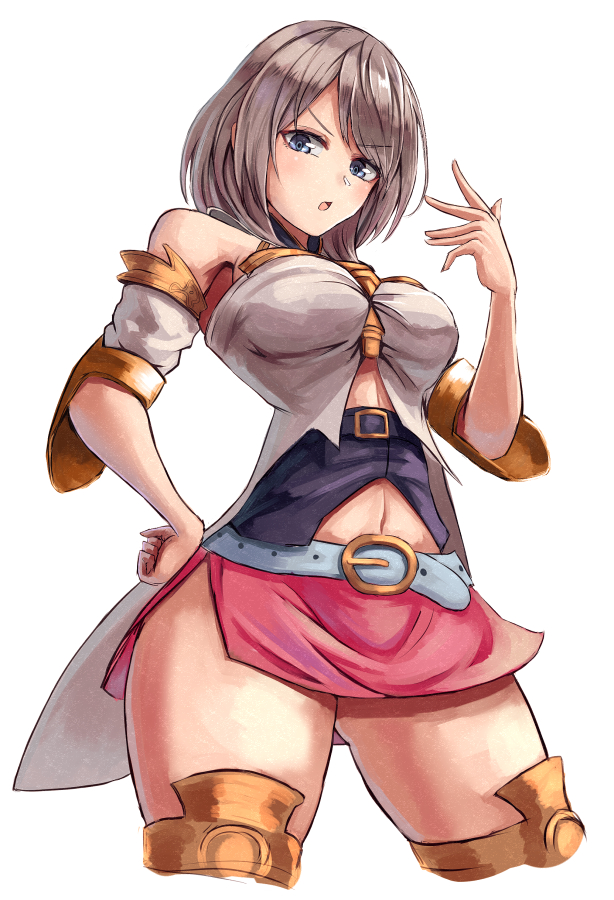 1girl ashelia_b'nargin_dalmasca bangs bare_shoulders belt belt_buckle blue_belt blue_eyes blush breasts buckle eyebrows_visible_through_hair final_fantasy final_fantasy_xii hand_on_hip hand_up legs_apart looking_at_viewer medium_breasts midriff miniskirt moppo navel open_mouth pink_skirt short_hair side_slit silver_hair simple_background skirt solo swept_bangs thighs v-shaped_eyebrows white_background