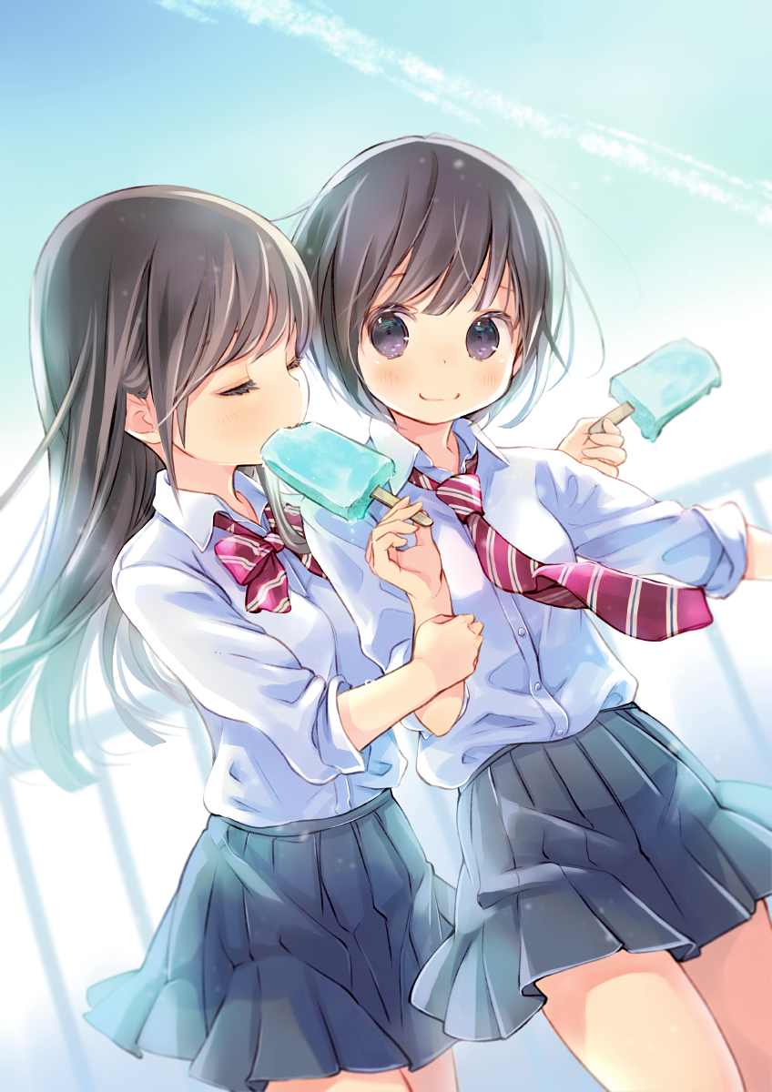 2girls black_skirt blue_sky blush bow bowtie breasts closed_eyes closed_mouth collared_shirt commentary_request day diagonal-striped_neckwear diagonal_stripes dress_shirt dutch_angle eating food highres holding holding_food kuga_tsukasa long_hair multiple_girls necktie original outdoors pleated_skirt popsicle railing red_neckwear school_uniform shirt short_hair skirt sky small_breasts smile striped striped_neckwear summer very_long_hair white_shirt