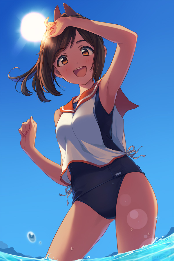 1girl arm_up armpits ass_visible_through_thighs bangs bare_shoulders blue_sky blush brown_eyes brown_hair collarbone commentary_request day eyebrows_visible_through_hair hair_between_eyes hair_ornament hairclip i-401_(kantai_collection) kantai_collection looking_at_viewer ocean one-piece_swimsuit open_mouth outdoors ponytail sailor_collar sayshownen school_swimsuit school_uniform serafuku short_hair short_ponytail sky smile solo standing sun sunlight swimsuit swimsuit_under_clothes tan thighs twitter_username wading water