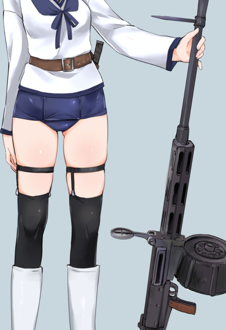 1girl aohashi_ame arm_at_side ass_visible_through_thighs belt black_legwear blue_background boots commentary_request drum_magazine flip_up_sight garter_straps gun knee_boots machine_gun original school_swimsuit school_uniform serafuku skindentation solo strike_witches swimsuit thigh-highs thighs weapon world_witches_series