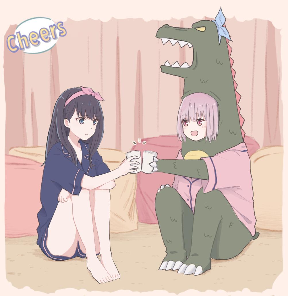 2girls animal_costume bare_legs barefoot black_hair blue_eyes commentary_request cup english_text hairband kaijuu long_hair lyy multiple_girls pajamas pink_hair pink_shirt red_eyes shinjou_akane shirt short_hair sitting ssss.gridman takarada_rikka toast_(gesture)