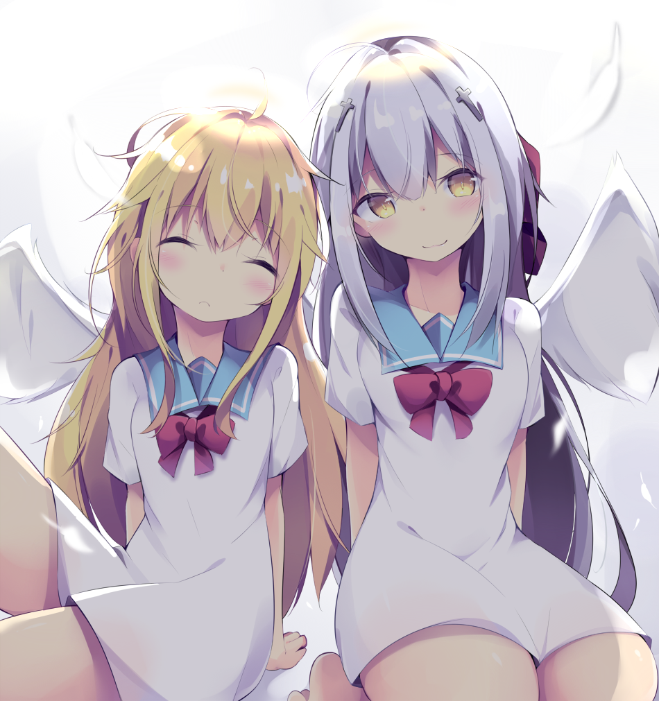 2girls arm_support bangs barefoot blonde_hair blue_sailor_collar blush bow closed_eyes closed_mouth commentary_request cross_hair_ornament dress eyebrows_visible_through_hair feathers gabriel_dropout hair_between_eyes hair_ornament head_tilt kyuukon_(qkonsan) latin_cross long_hair multiple_girls red_bow sailor_collar sailor_dress shiraha_raphiel_ainsworth silver_hair sitting smile tenma_gabriel_white very_long_hair white_dress white_feathers white_wings wings yellow_eyes