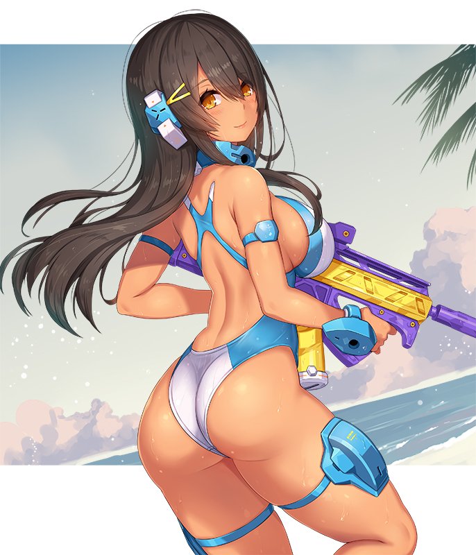 1girl 2d ass beach blue_swimsuit bracelet breasts brown_hair competition_swimsuit cowboy_shot dutch_angle eyebrows_visible_through_hair female_ass from_behind hair_between_eyes headgear jewelry large_breasts long_hair looking_back one-piece_swimsuit original outdoors outside_border sideboob smile solo swimsuit thigh_strap water_gun wet yellow_eyes