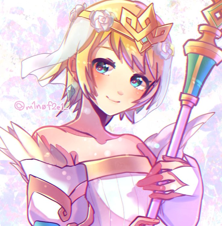 1girl blonde_hair blue_eyes bride closed_mouth commentary_request crown earrings feather_trim fire_emblem fire_emblem_heroes fjorm_(fire_emblem_heroes) flower hair_flower hair_ornament holding holding_staff jewelry m1n0f2e1 short_hair smile solo staff strapless twitter_username upper_body veil