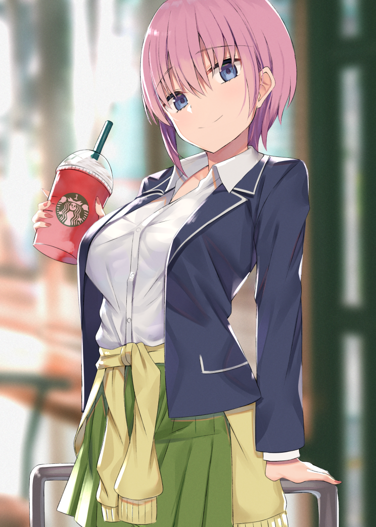 1girl blue_eyes blue_jacket breasts cardigan_around_waist collared_shirt cowboy_shot cup disposable_cup eyebrows_visible_through_hair go-toubun_no_hanayome green_skirt hair_between_eyes holding holding_cup jacket kanikou large_breasts long_sleeves looking_at_viewer nakano_ichika pink_hair pleated_skirt school_uniform shirt short_hair skirt smile solo starbucks white_shirt