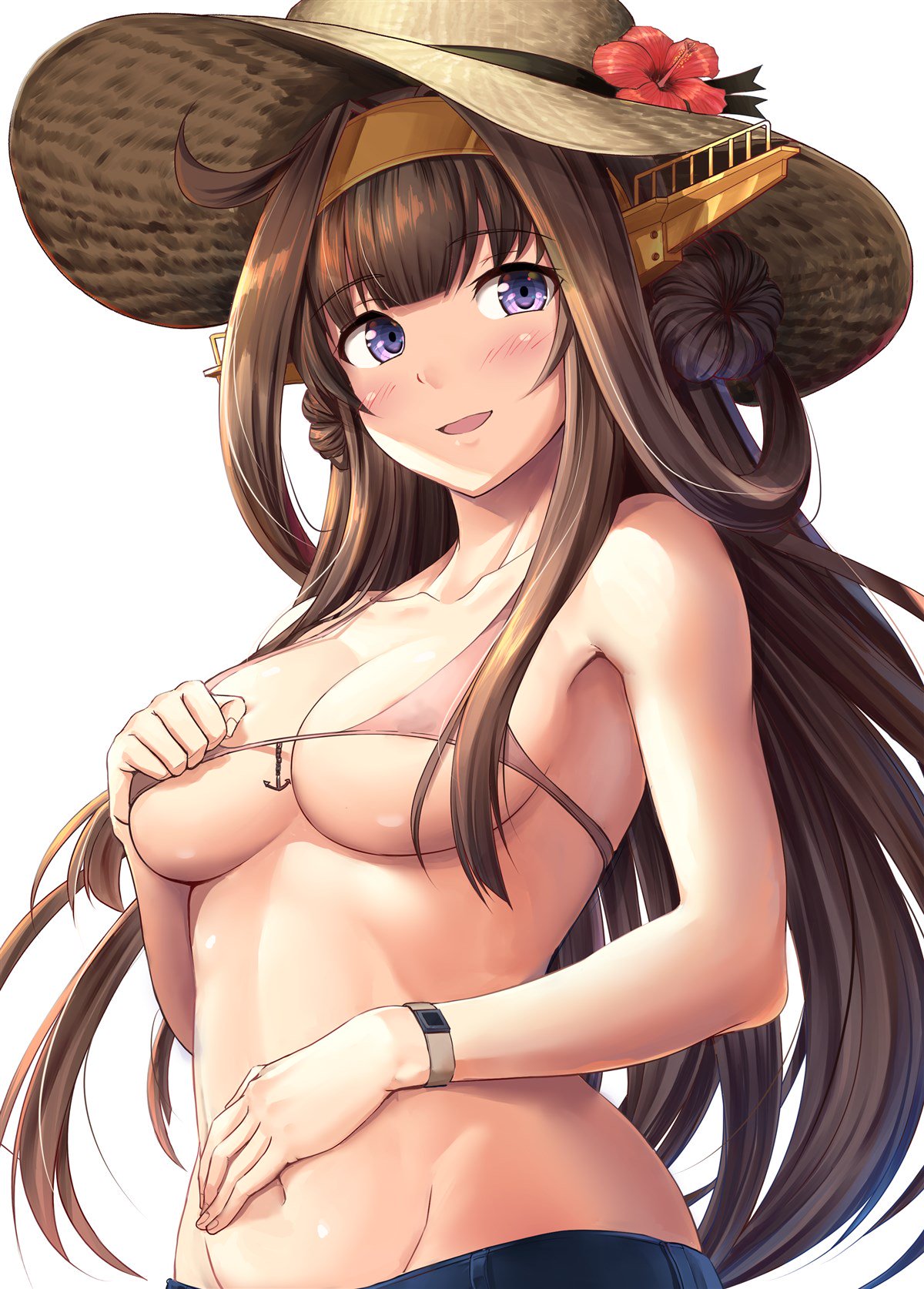 1girl :d anchor_symbol bangs bare_shoulders bikini blue_shorts blush breasts brown_hair casual collarbone commentary_request double_bun eyebrows_visible_through_hair flower groin hand_on_own_chest hand_on_own_stomach hat hat_flower headgear hibiscus highres ichikawa_feesu kantai_collection kongou_(kantai_collection) long_hair looking_at_viewer navel open_mouth pink_bikini remodel_(kantai_collection) shorts sidelocks simple_background smile solo stomach straw_hat swimsuit tareme very_long_hair violet_eyes watch watch white_background