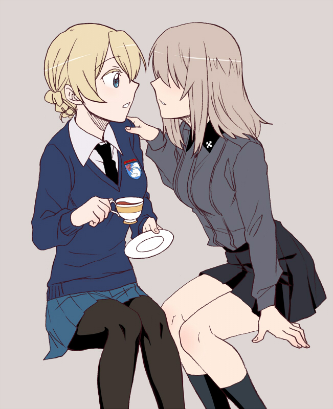 2girls arm_support bangs black_legwear black_neckwear black_skirt blonde_hair blue_eyes blue_skirt blue_sweater braid commentary cup darjeeling dress_shirt emblem girls_und_panzer grey_background grey_shirt hair_over_eyes hand_on_another's_shoulder holding holding_cup holding_saucer insignia invisible_chair itsumi_erika kuromorimine_school_uniform leaning_forward long_hair long_sleeves looking_at_another miniskirt multiple_girls necktie pantyhose parted_lips pleated_skirt saucer school_uniform shirt short_hair silver_hair simple_background sitting skirt socks st._gloriana's_(emblem) st._gloriana's_school_uniform sweater teacup tied_hair torinone v-neck white_shirt wing_collar yuri