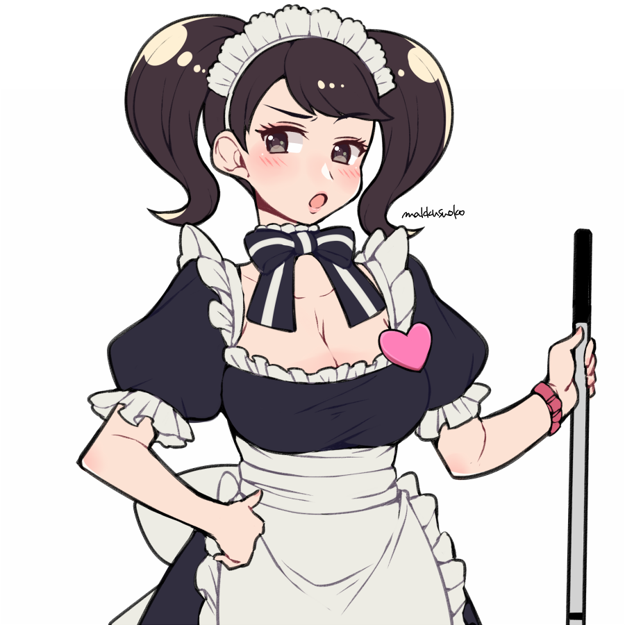 1girl artist_name black_hair blush breasts brown_eyes brown_hair collarbone commentary_request do_m_kaeru kawakami_sadayo large_breasts long_hair looking_at_viewer maid maid_headdress medium_breasts persona persona_5 short_hair solo twintails