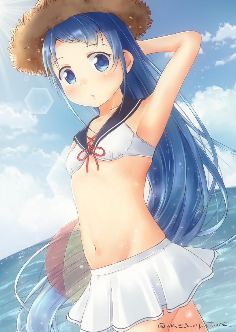 1girl alternate_costume arm_up armpits artist_name ball bangs bare_arms bare_shoulders bikini bikini_skirt blue_eyes blue_hair blush clouds cloudy_sky collarbone commentary_request eyebrows_visible_through_hair flat_chest hand_behind_head hat kantai_collection light_rays long_hair looking_at_viewer mae_(maesanpicture) navel ocean outdoors sailor_bikini sailor_collar samidare_(kantai_collection) shiny shiny_hair sky straw_hat swept_bangs swimsuit twitter_username very_long_hair wavy_hair