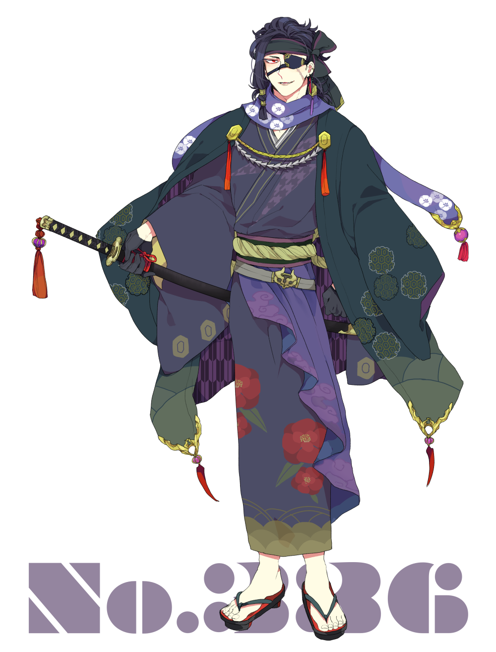 1boy black_gloves black_hair black_headband cape earrings eyepatch facial_scar floral_print full_body gloves headband highres japanese_clothes jewelry katana kimono looking_at_viewer personification pokemon red_eyes sandals scar scarf seviper sheath sheathed shioya_(soooooolt) simple_background solo standing sword weapon white_background wide_sleeves