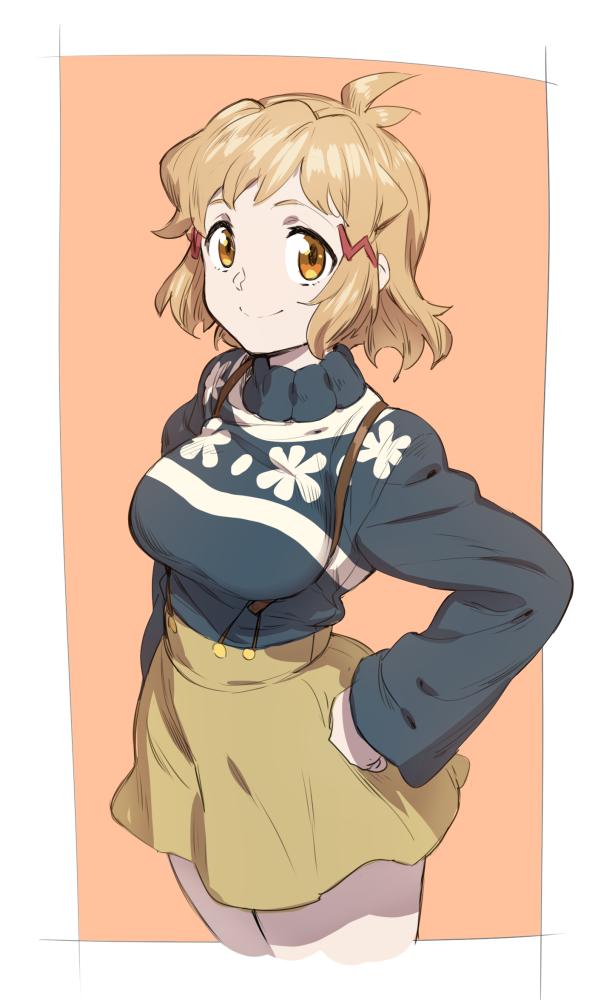 1girl alternate_costume blonde_hair border breasts cropped_legs hand_on_hip looking_at_viewer medium_breasts murakami_hisashi orange_background outside_border senki_zesshou_symphogear short_hair skirt sleeves_past_wrists smile tachibana_hibiki_(symphogear) white_border yellow_eyes