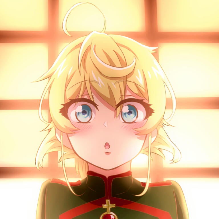 1girl ahoge blonde_hair blue_eyes blush hair_between_eyes iron_cross kihidari89 long_hair looking_at_viewer military military_uniform open_mouth solo tanya_degurechaff uniform youjo_senki