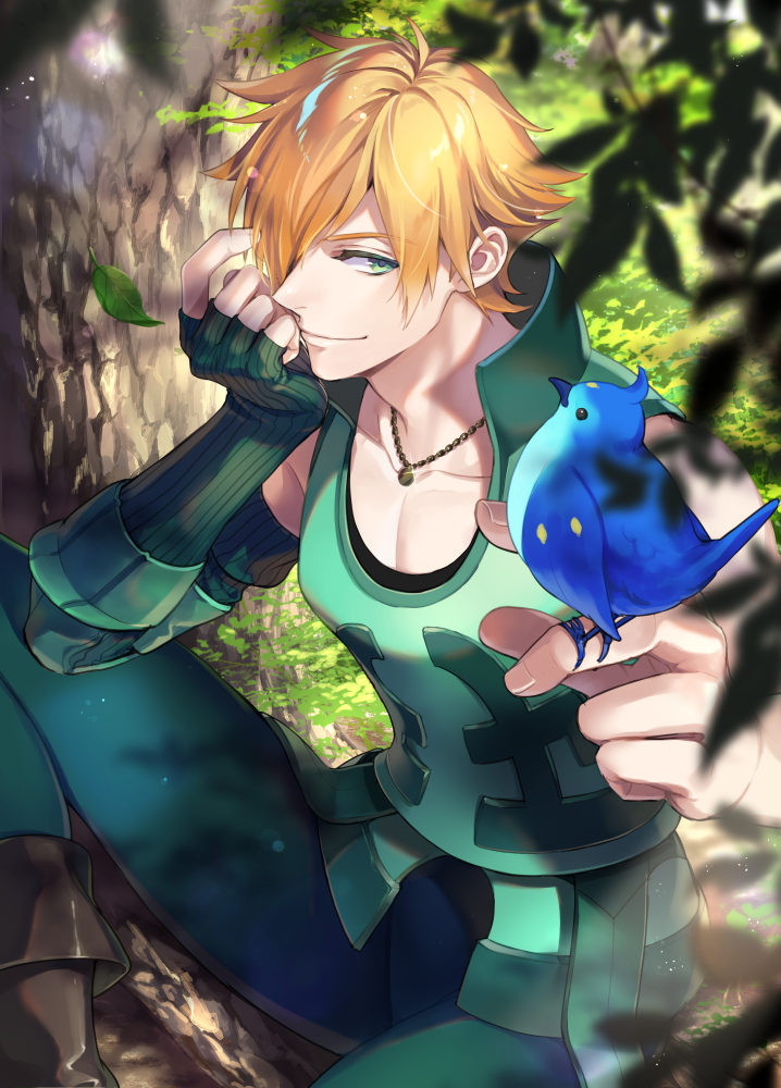1boy animal animal_on_head armored bird bird_on_head blonde_hair blue_eyes boots brown_footwear collarbone day fate/extra fate_(series) fingerless_gloves gloves green_pants hair_over_one_eye in_tree jewelry leaf male_focus necklace noes on_head outdoors pants red_gloves robin_hood_(fate) sitting sitting_in_tree smile solo sunlight tree vertical-striped_gloves