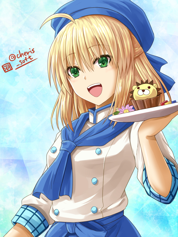 1girl :d ahoge artoria_pendragon_(all) bangs blonde_hair blue_background blue_headwear blue_neckwear fate/stay_night fate_(series) green_eyes hair_between_eyes haura_akitoshi holding holding_plate medium_hair open_mouth plate saber shirt sleeves_rolled_up smile solo twitter_username white_shirt