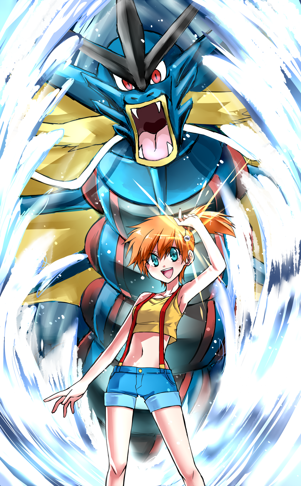 1girl bangs blue_eyes blush commentary_request fangs gen_1_pokemon gyarados gym_leader highres holding holding_poke_ball kaikai kasumi_(pokemon) mega_gyarados mega_pokemon midriff open_mouth orange_hair poke_ball pokemon pokemon_(anime) pokemon_(classic_anime) pokemon_(creature) red_eyes short_hair shorts side_ponytail sleeveless smile suspenders