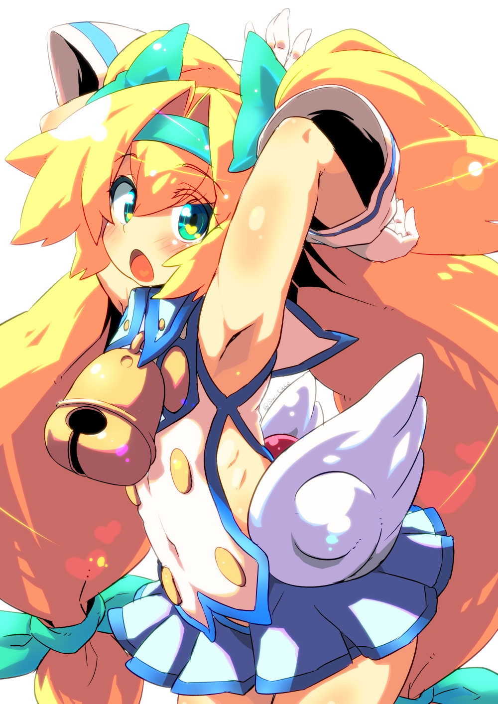 1girl armpits arms_up bangs bell blazblue blonde_hair blue_skirt blurry blush bokeh collared_shirt commentary cow_bell depth_of_field eyebrows_visible_through_hair eyes_visible_through_hair gloves green_eyes green_hairband green_ribbon hair_ribbon hairband heart heart-shaped_pupils highres leaning_forward light_particles long_hair looking_at_viewer low-tied_long_hair microskirt open_mouth platinum_the_trinity pleated_skirt quad_tails ribbon shirt skirt sleeveless sleeveless_shirt solo standing sw symbol-shaped_pupils two_side_up very_long_hair white_gloves white_shirt