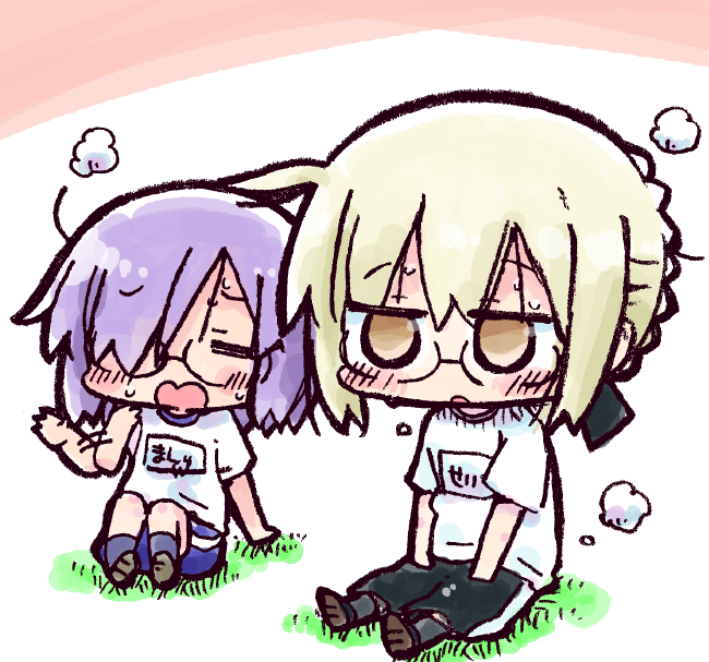 2girls artoria_pendragon_(all) bangs black-framed_eyewear black_ribbon black_shorts blonde_hair braid brown_eyes brown_footwear chibi closed_eyes commentary_request eyebrows_visible_through_hair fanning_face fanning_self fate/grand_order fate_(series) glasses grey_legwear gym_shirt gym_shorts gym_uniform hair_between_eyes hair_over_one_eye hair_ribbon kasuga_yuuki kneehighs mash_kyrielight multiple_girls mysterious_heroine_x_(alter) name_tag on_grass purple_legwear purple_shorts ribbon shirt shoe_soles shoes short_shorts short_sleeves shorts sidelocks sitting steaming_body sweat violet_eyes white_shirt