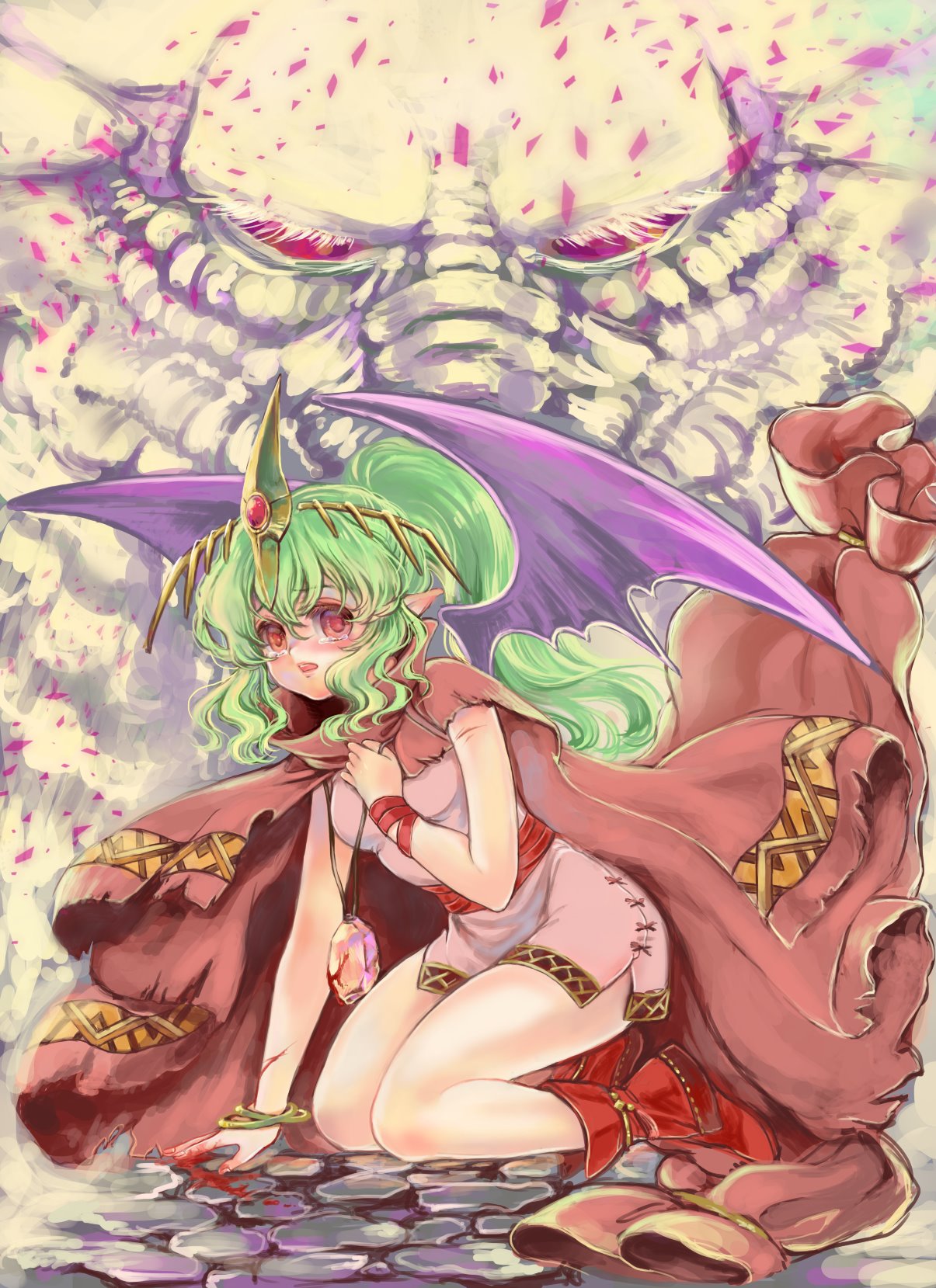 1girl blood bracelet chiki cloak commentary_request dress fire_emblem fire_emblem:_mystery_of_the_emblem fire_emblem_heroes green_hair highres jewelry kaosuside long_hair mamkute open_mouth pointy_ears ponytail red_eyes short_dress solo stone tearing_up tiara wings