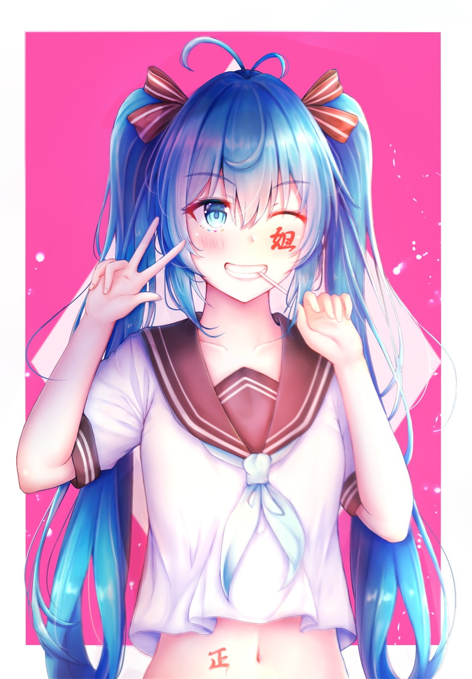 1girl alternate_costume antenna_hair bangs blue_eyes blue_hair blue_neckwear blush body_writing bow brown_sailor_collar candy endsmall_min eyebrows_visible_through_hair face_painting fingernails food food_in_mouth grin hair_between_eyes hair_bow hands_up hatsune_miku highres lollipop long_hair mouth_hold navel neckerchief one_eye_closed red_bow sailor_collar school_uniform serafuku shirt short_sleeves smile solo striped striped_bow translated twintails upper_body v very_long_hair vocaloid white_shirt