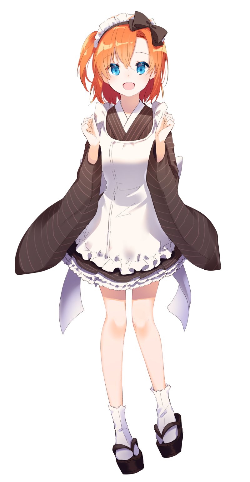 1girl :d alternate_costume apron black_bow black_kimono black_skirt blue_eyes bow eyebrows_visible_through_hair full_body hair_between_eyes hair_bow highres japanese_clothes kimono kousaka_honoka long_sleeves looking_at_viewer love_live! maid_headdress miniskirt open_mouth orange_hair pompitz shiny shiny_hair short_hair side_ponytail simple_background skirt smile solo standing striped striped_kimono striped_skirt tabi wa_maid white_apron white_background white_legwear wide_sleeves