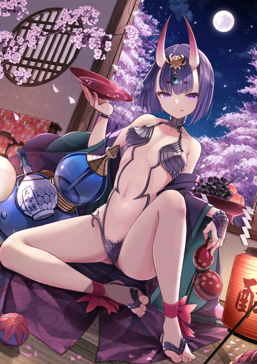 1girl bangs bare_shoulders barefoot barefoot_sandals blush bob_cut breasts cherry_blossoms closed_mouth collarbone commentary_request cup eyeliner fate/grand_order fate_(series) feet full_moon gourd headpiece highres horns japanese_clothes kimono lantern legs licking_lips looking_at_viewer makeup migimaki_(migi_mawashi) moon navel oni oni_horns open_clothes open_kimono petals purple_hair purple_kimono revealing_clothes sakazuki short_eyebrows short_hair shuten_douji_(fate/grand_order) small_breasts smile solo tongue tongue_out violet_eyes