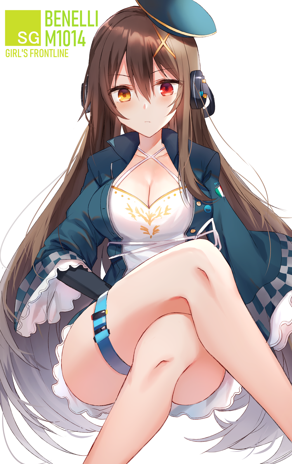 1girl bangs blue_jacket blush breasts brown_eyes brown_hair character_name closed_mouth commentary_request crossed_legs eyebrows_visible_through_hair girls_frontline hair_between_eyes hair_ornament headphones heterochromia highres jacket kinona large_breasts long_hair looking_at_viewer m1014_(girls_frontline) open_clothes open_jacket red_eyes sidelocks sitting skirt solo thigh_strap very_long_hair wide_sleeves x_hair_ornament yellow_eyes